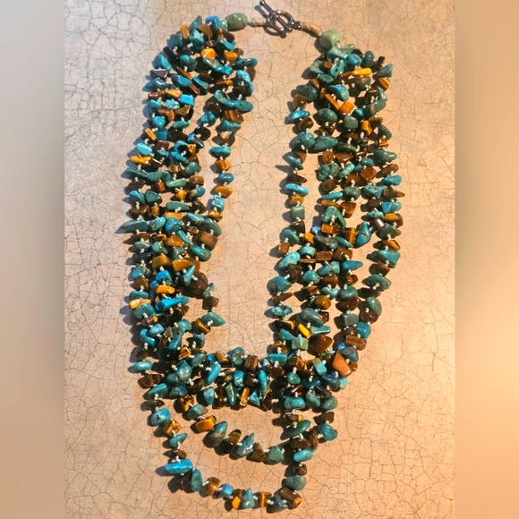 VINTAGE MULTI STRAND TURQUOISE AND TIGERS EYE NECKLACE. STATEMENT!! 925 TOGGLE - Picture 1 of 4